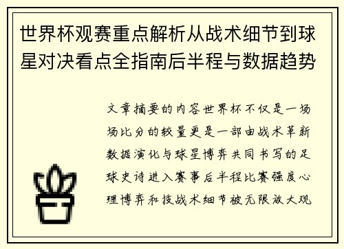 世界杯观赛重点解析从战术细节到球星对决看点全指南后半程与数据趋势